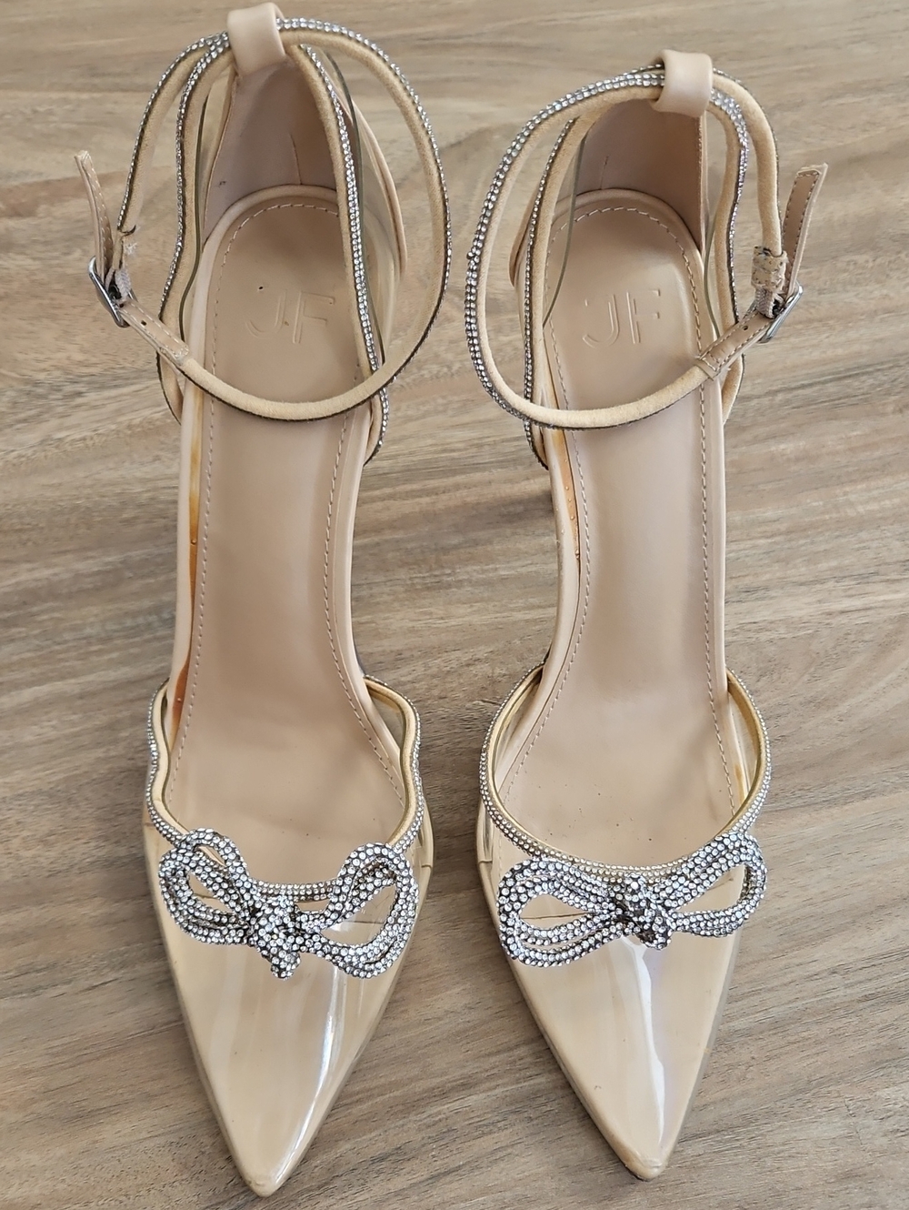 JustFab Nude Patent Pointed-Toe Ankle Strap Pumps with Crystal Bow